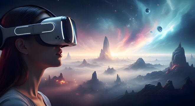Immersive Virtual Reality Experience: Woman wearing VR headset exploring a stunning, futuristic fantasy landscape with glowing mountains and cosmic sky, illustrating the Metaverse concept