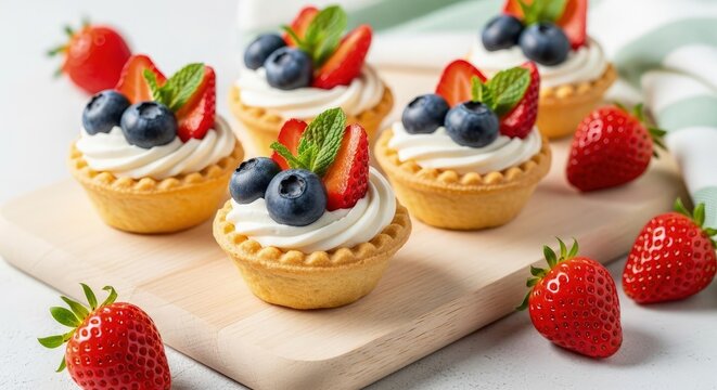 Delicious mini fruit tarts with fresh strawberries and blueberries, topped with cream and mint leaves