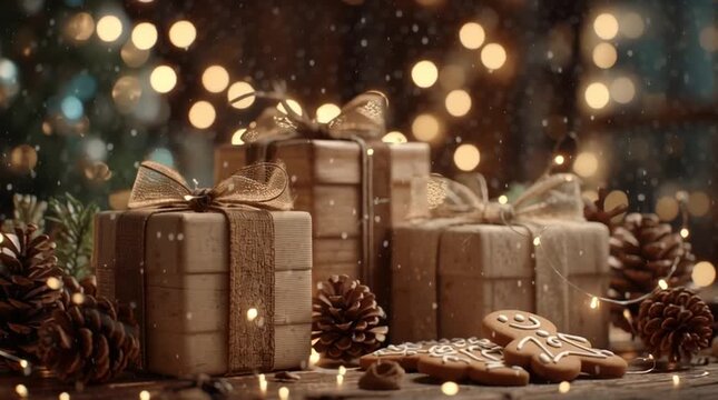 Holiday gift preparation with gingerbread cookies and festive lights in a cozy setting