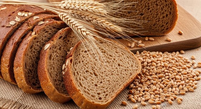 Freshly baked whole grain bread, sliced and served with wheat ears and grains, a healthy and rustic staple