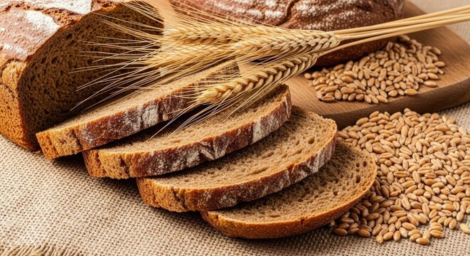 Artisan whole grain bread, sliced and presented with wheat stalks and loose grains, a wholesome and delicious choice