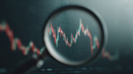 Magnifying glass highlights business growth chart with upward trend. Generative AI analysis financial success stock increase profit investment statistic performance market economy improvement
