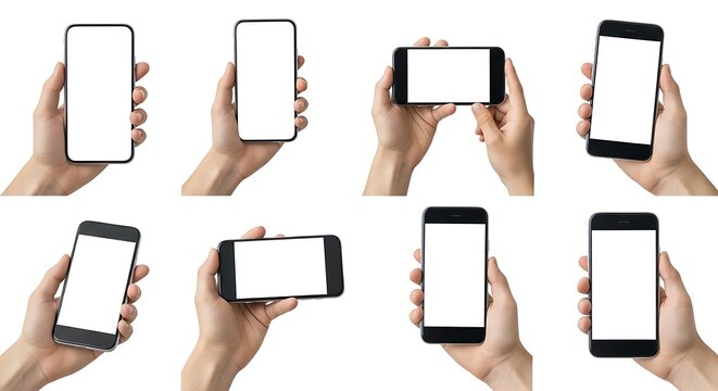Collection of hands holding smartphones in various orientations, isolated on white background mockup background image