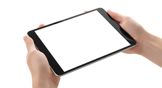 Closeup of hands holding a black tablet computer horizontally with a blank white screen mockup background image