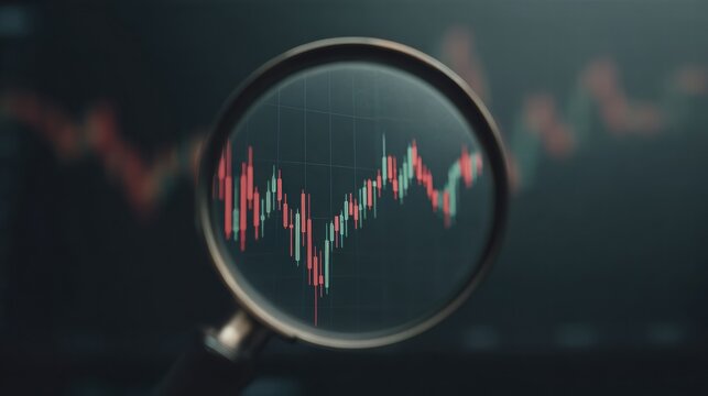 Magnifying glass highlights business growth chart with upward trend. Generative AI analysis financial success stock increase profit investment statistic performance market economy improvement - Powered by Adobe
