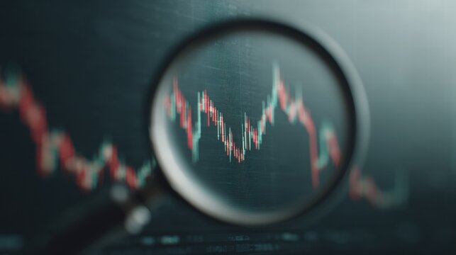 Magnifying glass highlights business growth chart with upward trend. Generative AI analysis financial success stock increase profit investment statistic performance market economy improvement