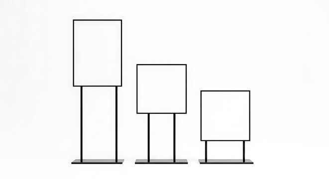 Three blank white signs on stands of varying heights, isolated on a white background, ready for custom content mockup background image