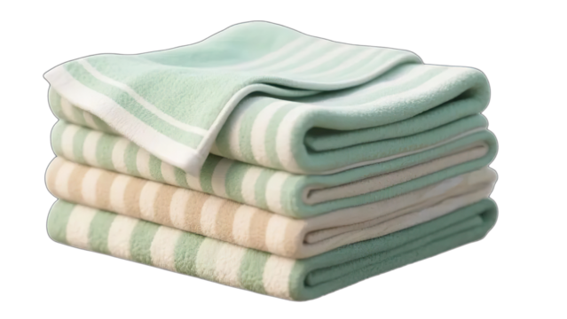 Stack of colorful folded cotton laundry towels on white textile