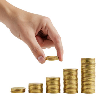 Human hand placing a gold coin on a stack of coins creating a financial growth chart isolated on transparent background