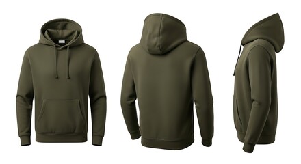 A versatile olive green hoodie displayed from front, back, and side views, showcasing its design and features on a white background mockup background image