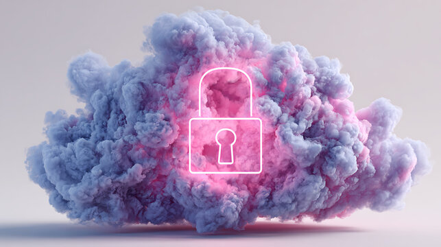 Secure cloud data with a modern glowing lock for ultimate protection, ensuring privacy and safety in digital environments with vibrant pink and blue