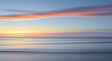 Serene ocean horizon at sunset with soft pastel clouds and gentle waves, creating a peaceful and calming atmosphere