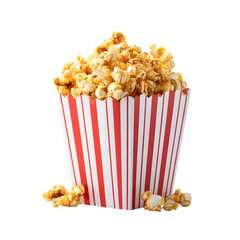 Delicious caramel popcorn in a red and white striped container  on white background.