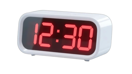 Isolated black digital alarm clock with red LED time display on a white background symbol