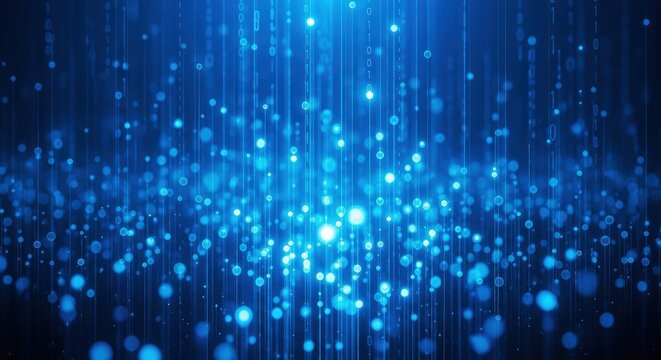 Abstract blue digital particles flowing upwards with light streaks on a dark background, representing data or technology