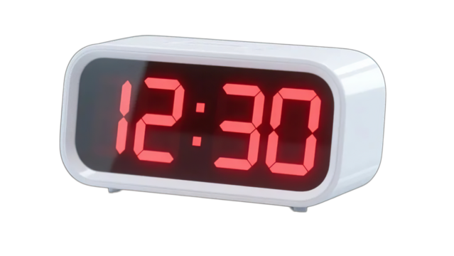 Isolated black digital alarm clock with red LED time display on a white background symbol