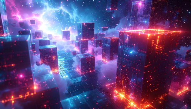 Futuristic Cityscape with Neon Lights and Abstract Geometric Shapes.