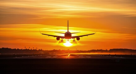 Airplane landing at sunset with a vibrant orange sky and dramatic clouds