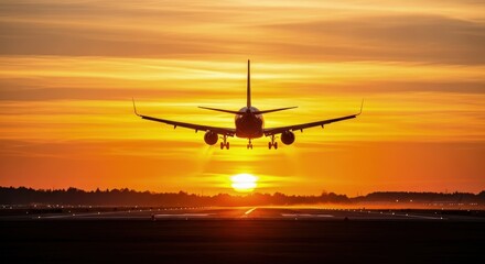 Airplane landing at sunset with a vibrant orange sky and dramatic clouds