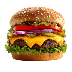 Delicious cheeseburger with fresh toppings  on white background.
