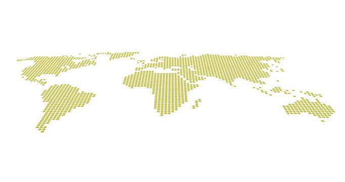 Digital design of a world map assembled by continents in yellow on a white background