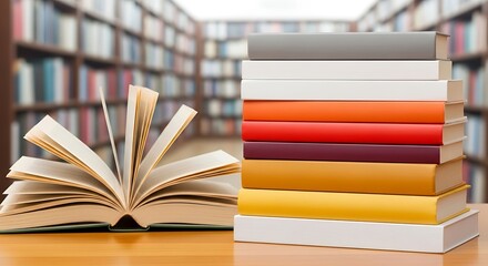 An open book and a stack of colorful books on a wooden table in a library setting background image