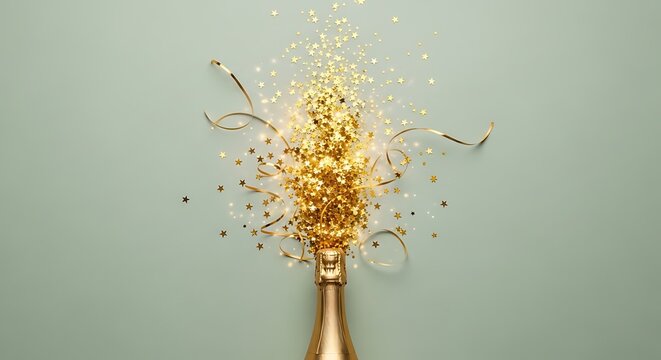 A golden champagne bottle erupting with a burst of golden confetti and streamers on a muted green background background image