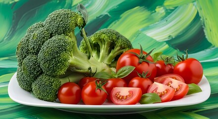 Fresh Broccoli and Tomatoes on a White Plate
