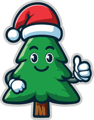 Cute Christmas Tree Vector  Kawaii Holiday Tree with Santa Hat