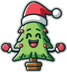Cute Christmas Tree Vector  Kawaii Holiday Tree with Santa Hat