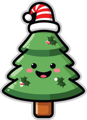 Cute Christmas Tree Vector  Kawaii Holiday Tree with Santa Hat