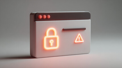Secure web browser window with glowing padlock and warning sign for online safety and data protection, an icon for cyber security risk management