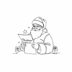 Charming Santa Claus reading Christmas wish list with gifts, a continuous line drawing, a minimalist design perfect for holiday cards and festive promotions