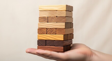 Hand holding a tower of wooden blocks game.