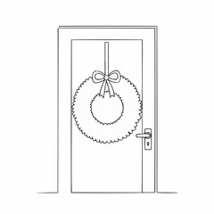 Festive Christmas Wreath Hanging on a Door, Drawn in a Simple Style - Ready to Welcome the Holidays with Cheer and Warmth! Perfect for Holiday Projects