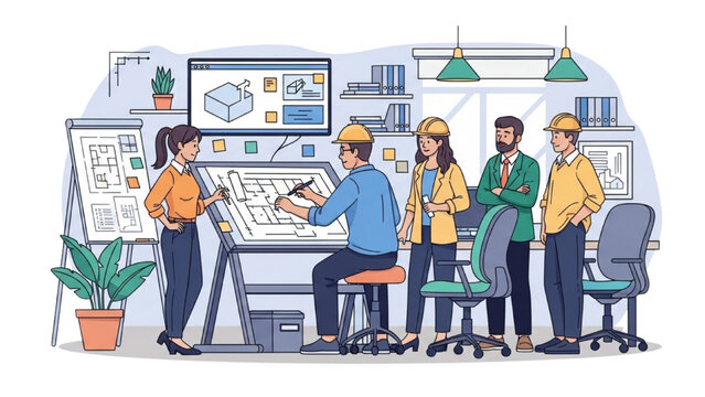 Collaborative architectural design process with a team of engineers and designers reviewing plans