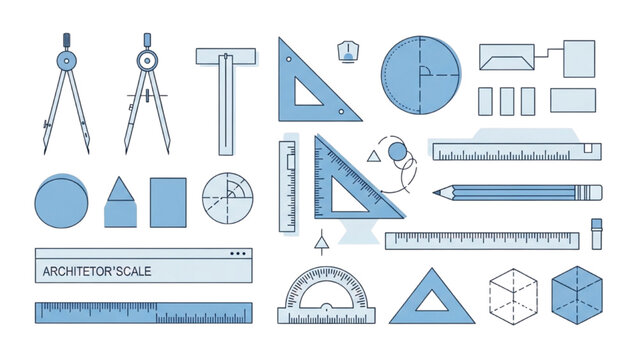 Collection of drawing and measuring instruments for architects and designers