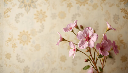 Pink flowers wallpaper on wall background vintage design, graphic novel art. White tone