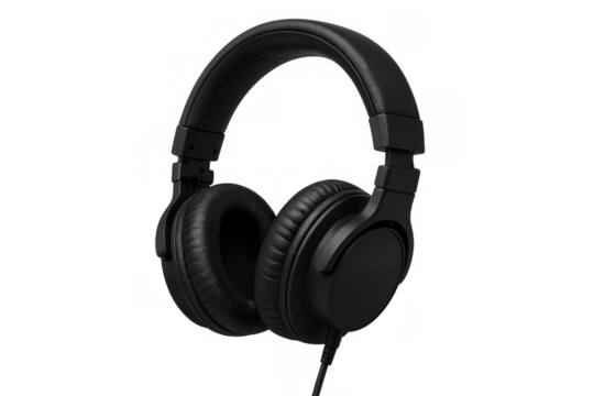 Black over-ear headphones providing sound and music for audio listening entertainment and technology on transparent background