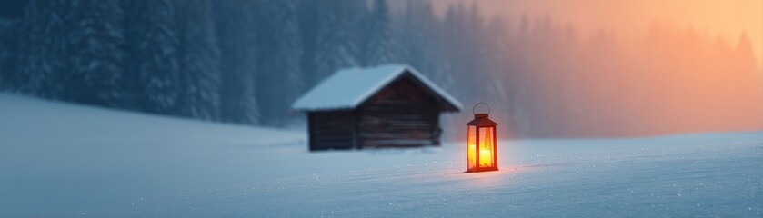 A serene winter scene featuring a glowing lantern in snow, with a cozy cabin and trees silhouetted against a colorful sunset.
