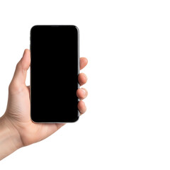 Hand holding modern smartphone with blank screen for mockup applications display template. isolated on transparent background