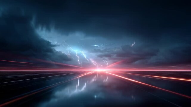 Vibrant sci fi landscape features glowing red neon lines on wet reflective ground, set against dark sky filled with lightning. Blends futuristic aesthetics with natural power, dynamic motion