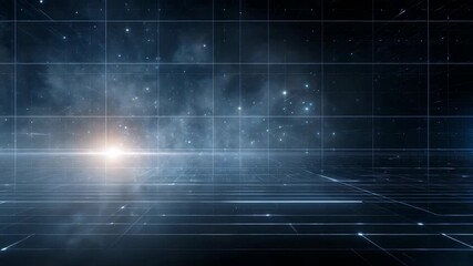 Abstract digital landscape featuring a luminous horizon, grid patterns, and cosmic elements, symbolizing future technology. Perfect for themes of innovation, cyberspace, and science fiction