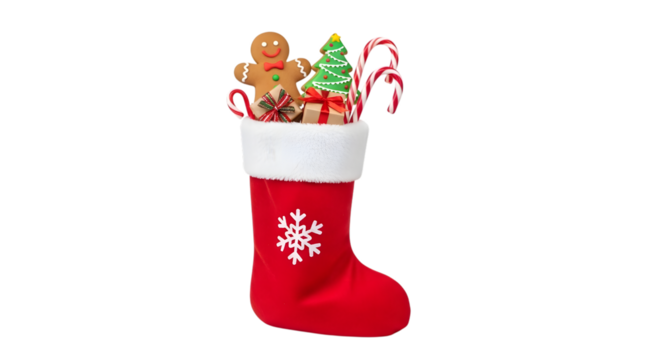 Red Christmas Stocking Filled with Gingerbread Man, Tree, Gifts, and Candy Canes graphic design isolated on a transparent background