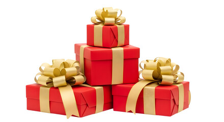 Obraz premium Stack of Red Gift Boxes with Gold Ribbons and Bows on Black Background present isolated on a transparent background