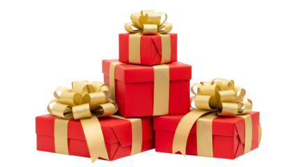Stack of Red Gift Boxes with Gold Ribbons and Bows on Black Background present isolated on a transparent background