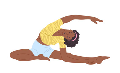Woman practicing yoga and Pilates exercise cartoon illustration. Young girl in relaxed pose stretching, balance relaxation. Healthy lifestyle fitness, wellness meditation concept in flat graphic style