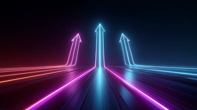Futuristic neon arrows pointing upwards symbolize business growth, innovation, and success in a dynamic, modern world, bright vibrant colors, technology concept