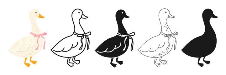 Goose with ribbon symbol cartoon set. Cute adorable farm poultry bird linear doodle icon. Simple stylized sign graphic silhouette shape whimsical husbandry goose animal Easter symbol concept