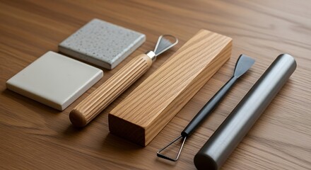 Pottery tools on wooden surface for clay sculpting and shaping.